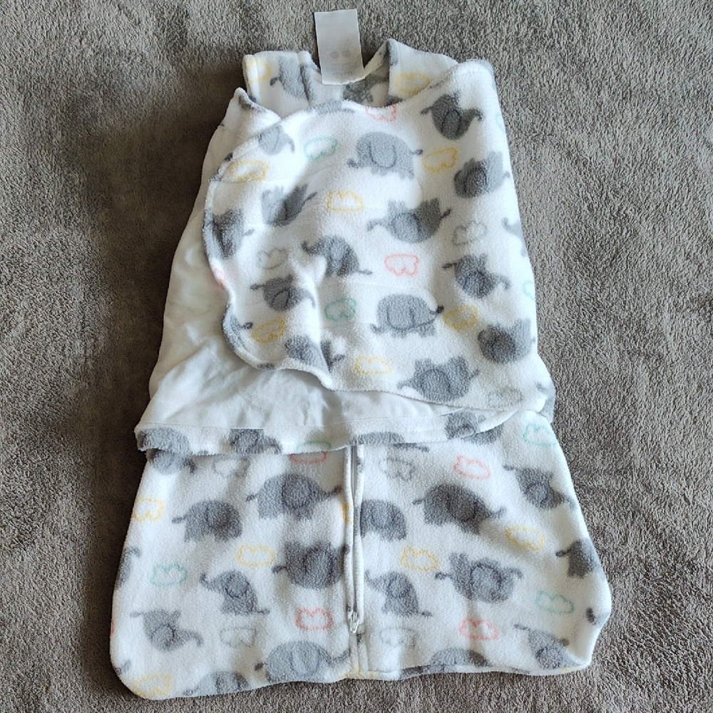 Halo White Fleece Baby Sleepsack with Gray Elephant and Pastel Clouds